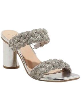 A New Day Basil Rhinestone Mule Heels Silver Sparkle Block Heel Sandals